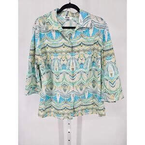 Alia Women's 3/4 Sleeve Blue Collared Button Down Abstract Pattern Top Size L